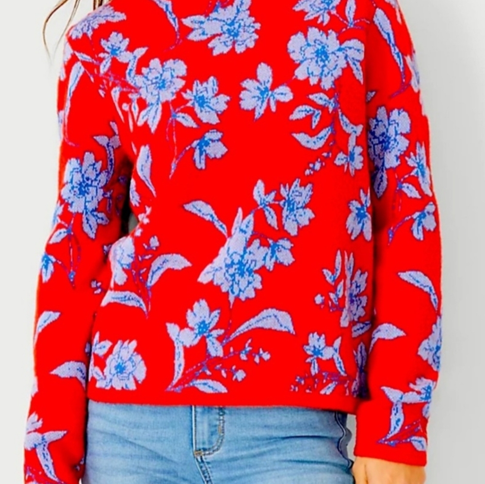 Ann Taylor Jacquard Sweater Floral Winter Pullover Pink Red Preppy Modern XL